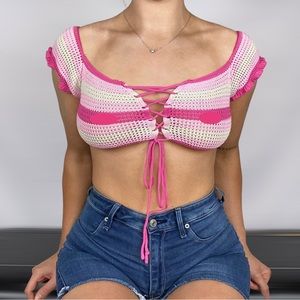 Princess Polly Pink and White Crochet Crop Top
